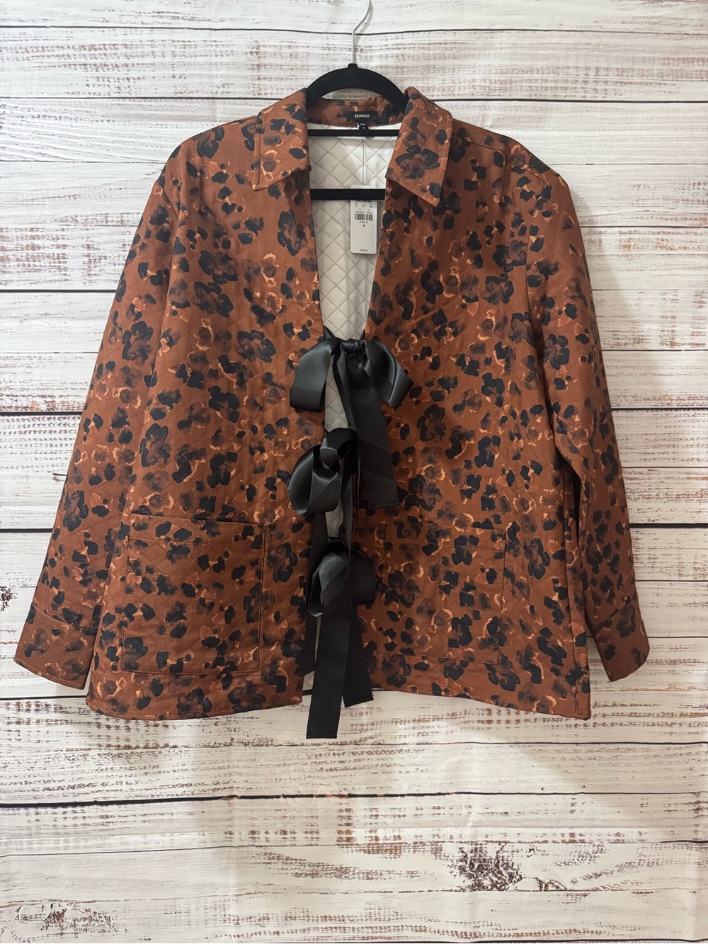 Express Rust Leopard Print Jacket with Black Ribbon Ties